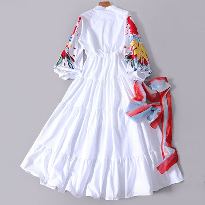 sixsr  High Quality Luxury Design Runway Female Elegant Embroidery Women Dress Lantern Sleeve High Waist Maxi Long Dresses