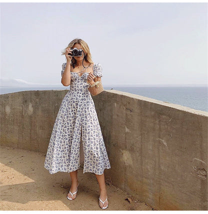 Sixsr Print Summer Dress Women Floral Short Puff Sleeves Square Collar Holiday MIDI Dress Female Drawstring High Slit Dress