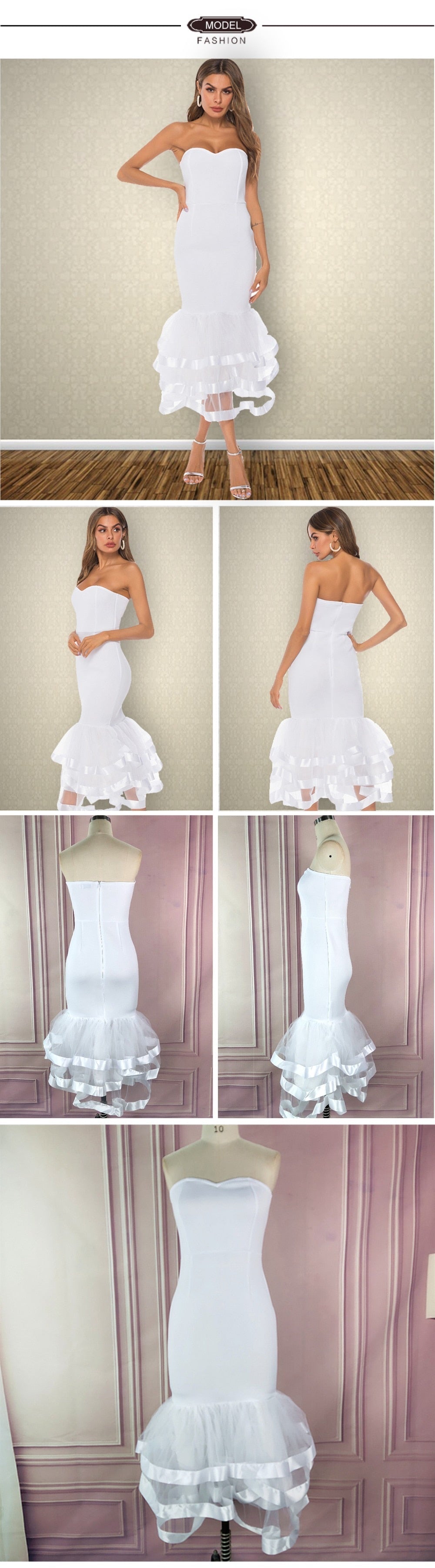 Women White Party Tube Tops Dress Wedding Off Shoulder Sexy Patchwork with Mesh Clubwear Dinner Evening Slim Bodycon Tunic Robes