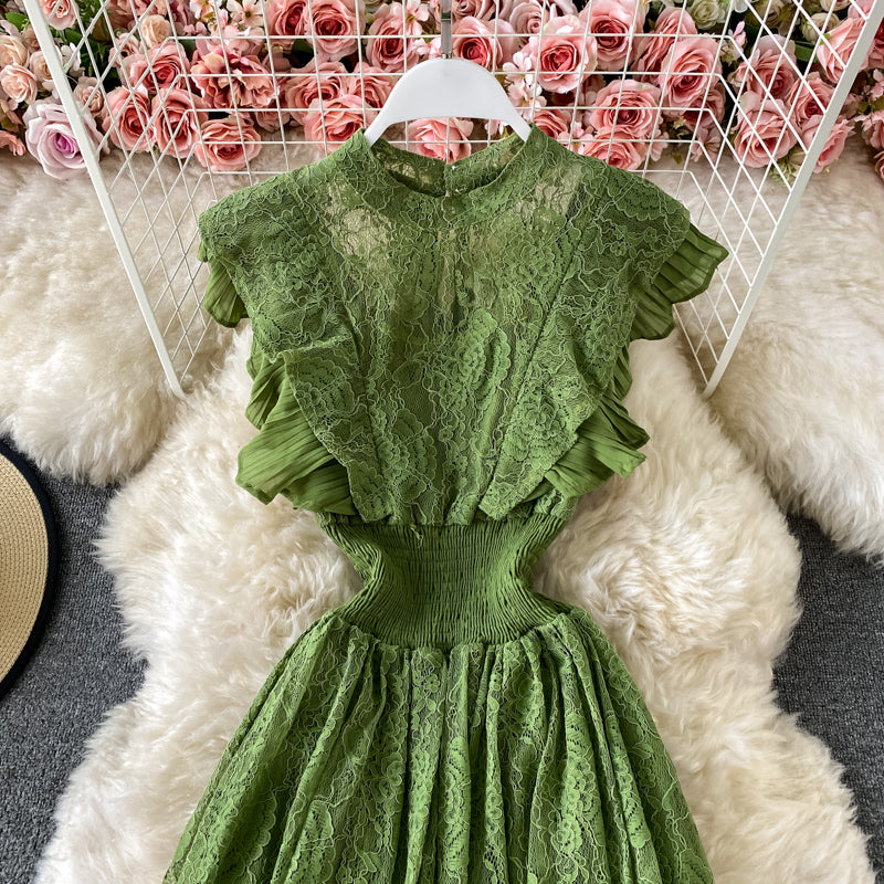 Sixsr Vintage Purple/Green/Red Lace Midi Dress Women Sweet Round Neck Ruffle Vestidos Female High Waist Slim Robe Spring Autumn