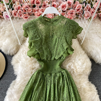 Sixsr Vintage Purple/Green/Red Lace Midi Dress Women Sweet Round Neck Ruffle Vestidos Female High Waist Slim Robe Spring Autumn