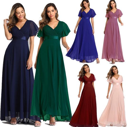 sixsr Evening Dresses Elegant V-Neck Ruffles Chiffon Formal Evening Gown  Robe Vestidos De fiesta Dress for Wedding Party