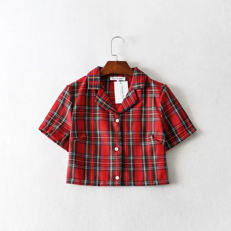 Summer blouse women vintage crop shirt streetwear plaid ladies tops elegant button up shirt korean crop top red