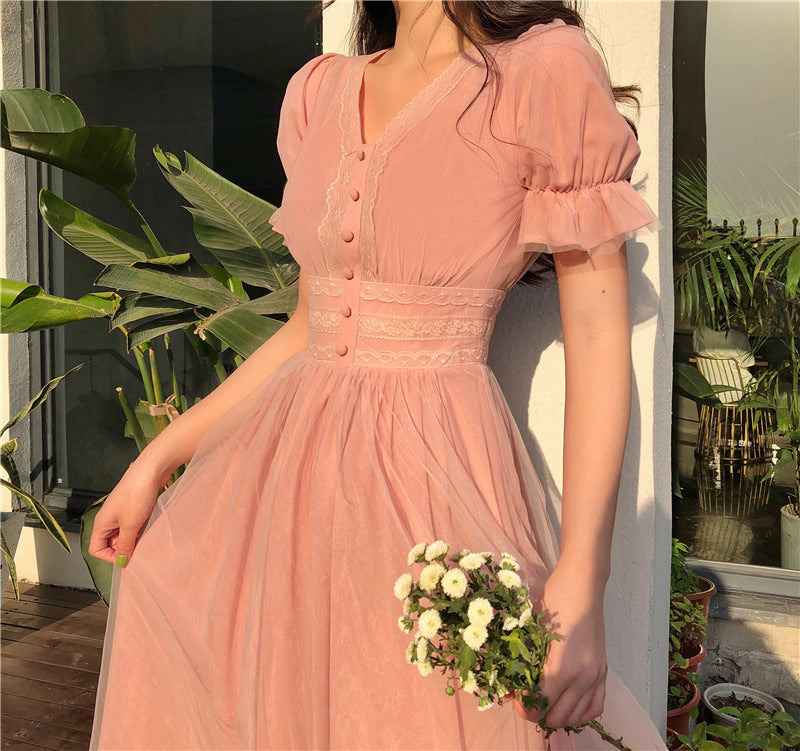 Sixsr New Summer Mesh Dress Female V-neck Short Puff Sleeve A-line Women Dress Slim Korean Style Mesh Elegant Vintage Vestidos