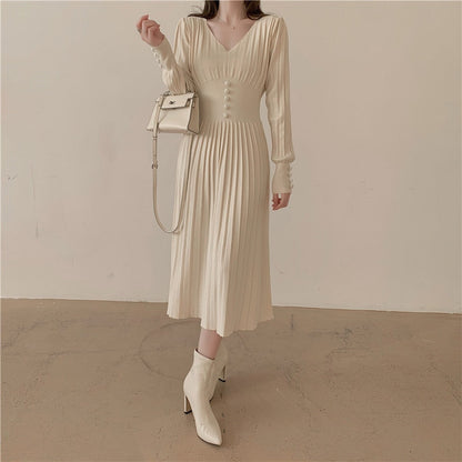 Sixsr Gifts for women winter night out outfit Elegant Chic Pleated Sweater Dress Women's Slim French Femme Vestido Spring Autumn Winter Fashion Single-Breasted