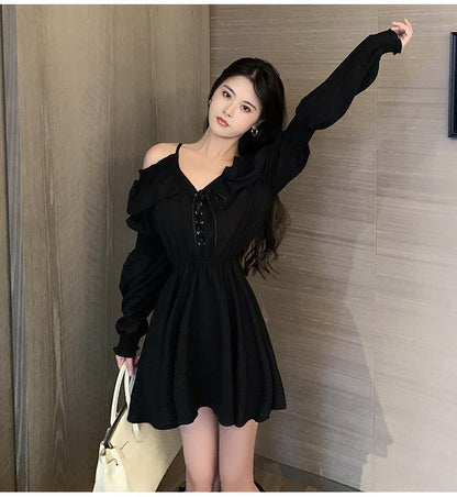 Sixsr Gothic Black Dress Women Casual Button Lace Evening Party Sexy Mini Dress Female Long Sleeve One-piece Dress Korean Autumn