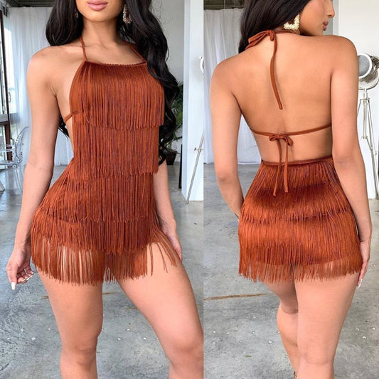 Sixsr  Trends Tassel Summer Dresses Female Halter Backless Casual Club Mini Dress Sexy Fringe Bandage Bodycon Party Dress Vestidos