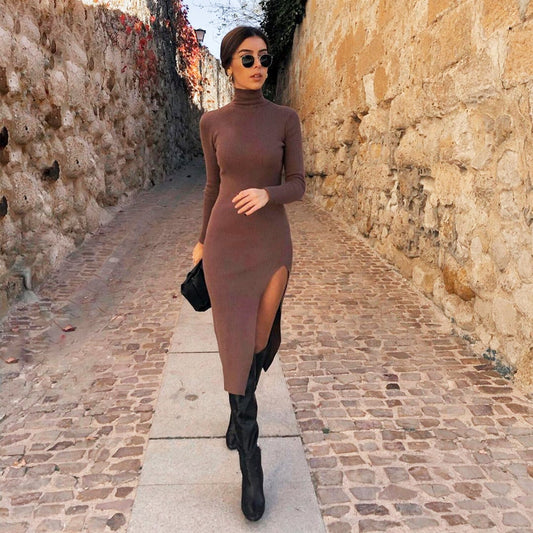 Sixsr Dress Women Long Sleeves High-Neck Elastic Midi Dress Fashion Elegant Chic Lady Knit Sweater Dresses Women robe femme