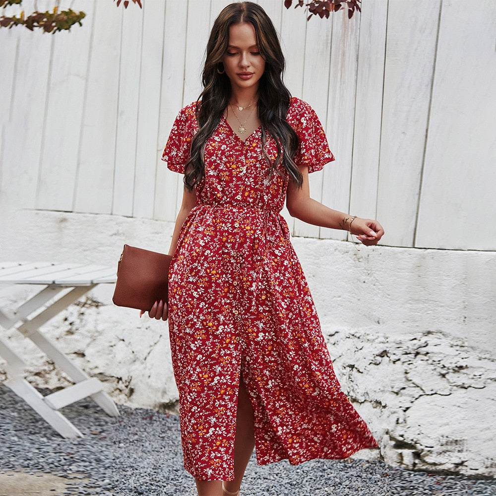 New Ladies Vintage Maxi Floral Print Summer Dress Women Slim Casual High Waist Button Bohemian Women Beach Dress Vestidos Female