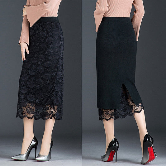 Sixsr Autumn and winter skirt long section jupe femme two sides wearing lace midi skirt split bag hip skirt wool winter skirt