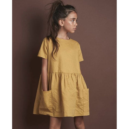 Sixsr Fashion Cotton Linen Summer Girl Dress Yellow Casual Short Sleeve Kids Holiday Dress With Pockets TZ20