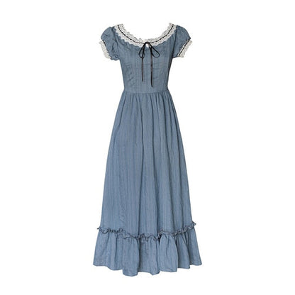 sixsr Women Pink Dress Summer Vintage Elegant Slim European Romance Blue Dress Retro Lace Sexy Slash Neck Casual Everyday Midi Dress