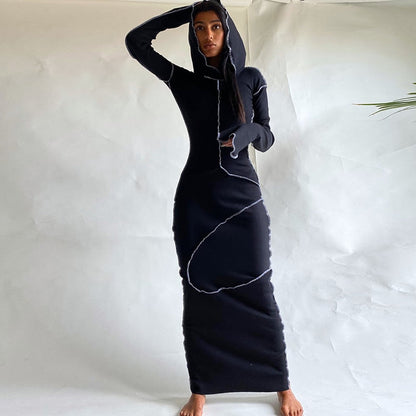 Sixsr Long Sleeve Hooded Patchwork Skinny Maxi Dress Autumn Winter Women Fashion Streetwear Casual Outfits