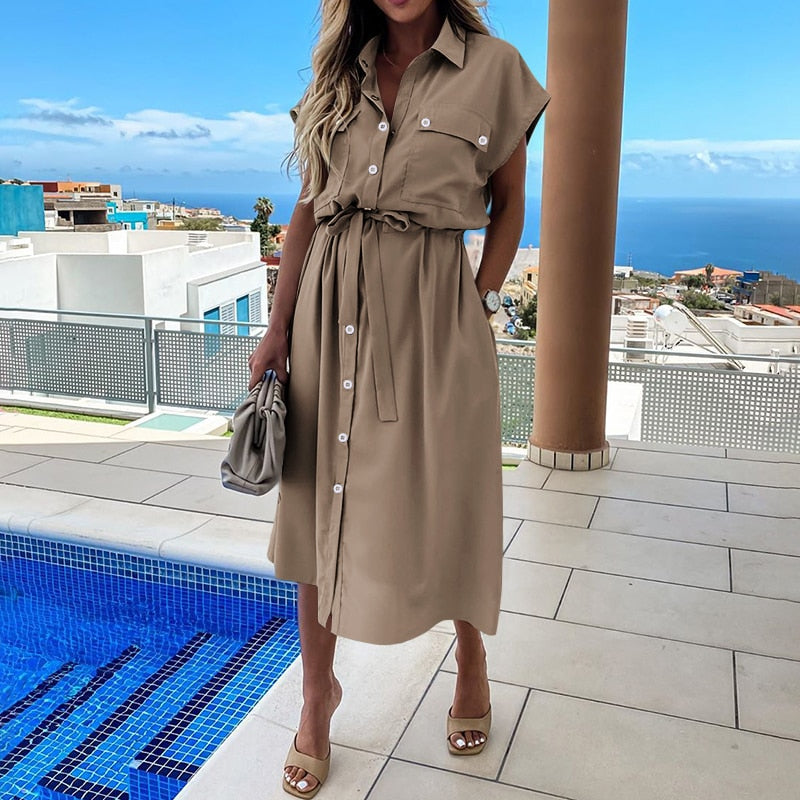 Sixsr Summer Sundress Women Elegant Dress Plus Size Short Sleeve Casual Loose Buttons High Waist Work Midi Vestidos Robe