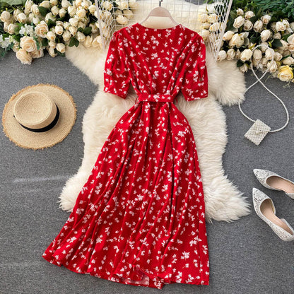 Sixsr beach Red elegant sexy Dress women Summer Autumn V-neck polka dot midi dress waist split dress vestidos de fiesta clothes