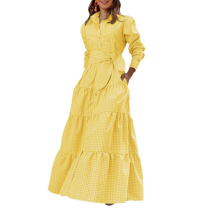 Sixsr Spring Shirt Dress Women Long Sleeve Party Dresses Casual Lapel Button Vintage Belted Pockets Sundress Plaid Printed Robes