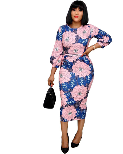 Sixsr Women Bodycon Printed Dress Three Quarter Sleeves Midi Office Ladies Work Wear Elegant Classy Vestidos African Female Plus Size