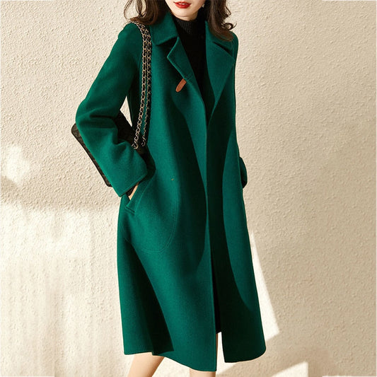 Sixsr Women Elegant Retro Wool Coat with Belt Winter Warm Overcoat Outwear Plus Size Female Korean High Quality Green Blends Coat