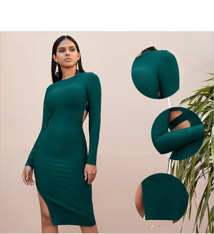 Sixsr New Winter Long Sleeve Green Runway Bandage Dress Women Sexy Hollow Out Backless Club Celebrity Evening Party Dresses