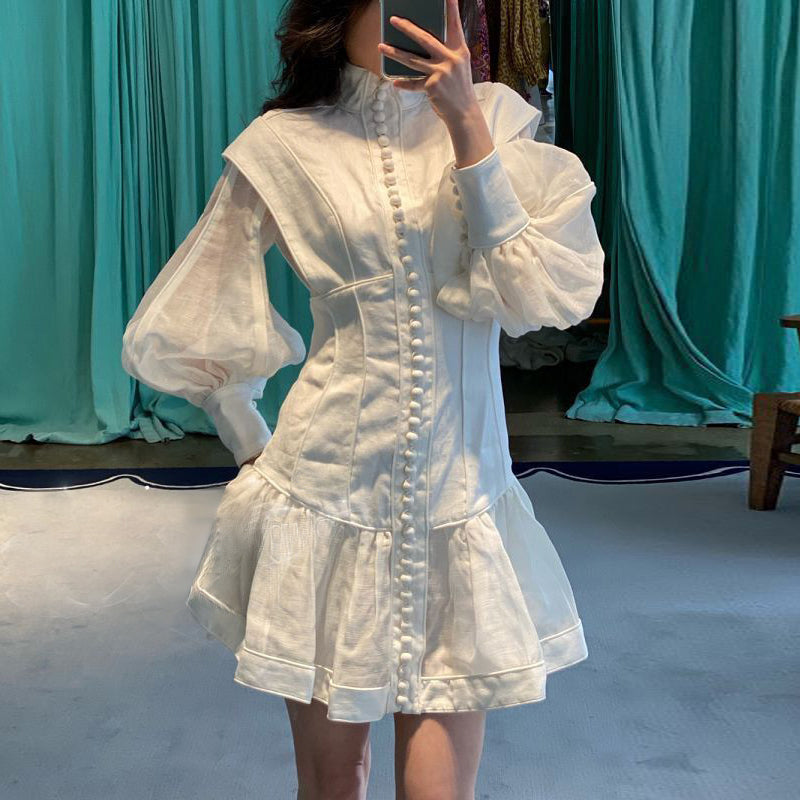 Sixsr High-end Custom Fashion runway Dresses Stereoscopic cut slender button with bubble sleeves ladies dress