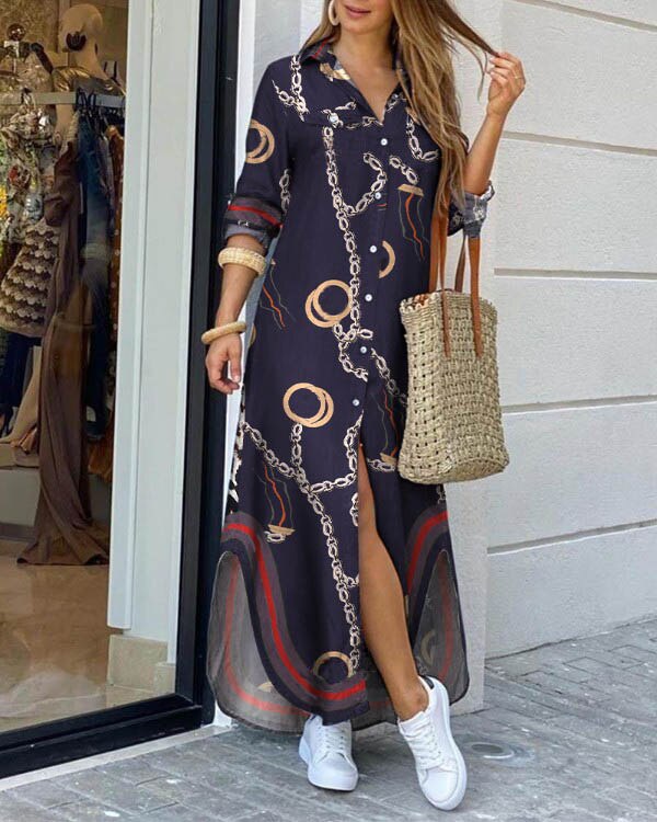 Women fashionable Shirt-style Button Dress Ladies Casual Long Street Dress Large Size Loose Home Commuter Print Dress