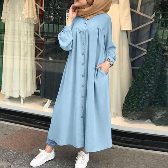 Plus Size Muslim Dresses Woman Shirt Dress Long Sleeve Maxi Vestidos Female Button Robe High Wasit Solid Sundress