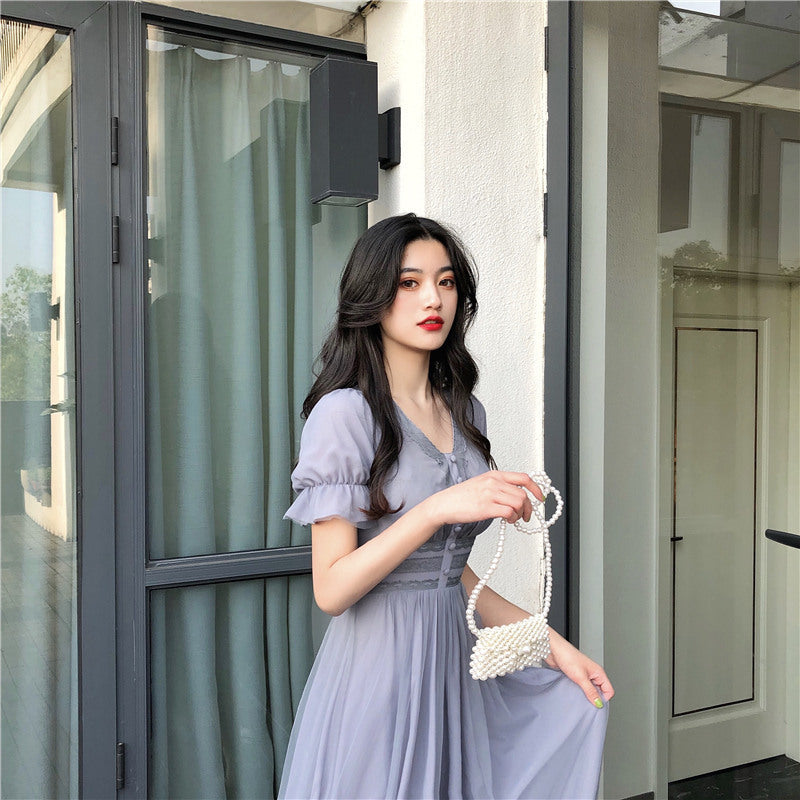 Sixsr New Summer Mesh Dress Female V-neck Short Puff Sleeve A-line Women Dress Slim Korean Style Mesh Elegant Vintage Vestidos