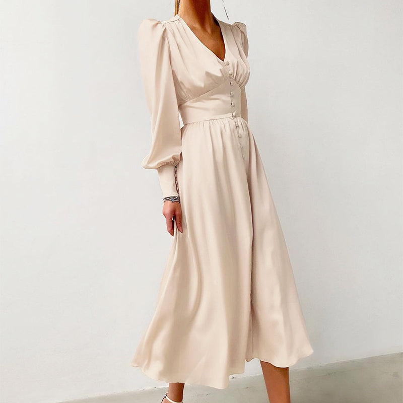 Sixsr Elegant spring satin bishop sleeve a-line dress women V-neck high waist button dress solid Vintage long dresses chic