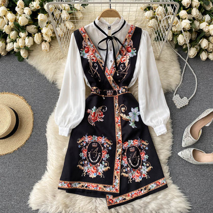 Sixsr Spring Autumn Elegant 2 Piece Set Overalls Dress Women Bow Collar White Shirt Top+ Irregular Flower Print V-Neck Vest Dress