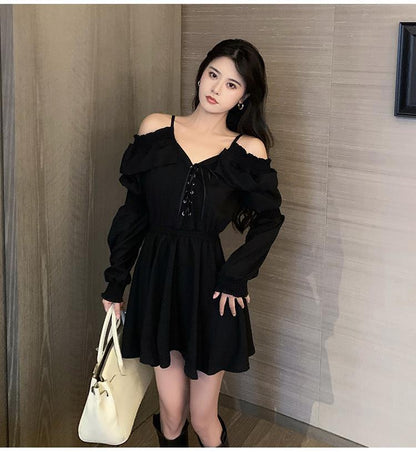 Sixsr Gothic Black Dress Women Casual Button Lace Evening Party Sexy Mini Dress Female Long Sleeve One-piece Dress Korean Autumn