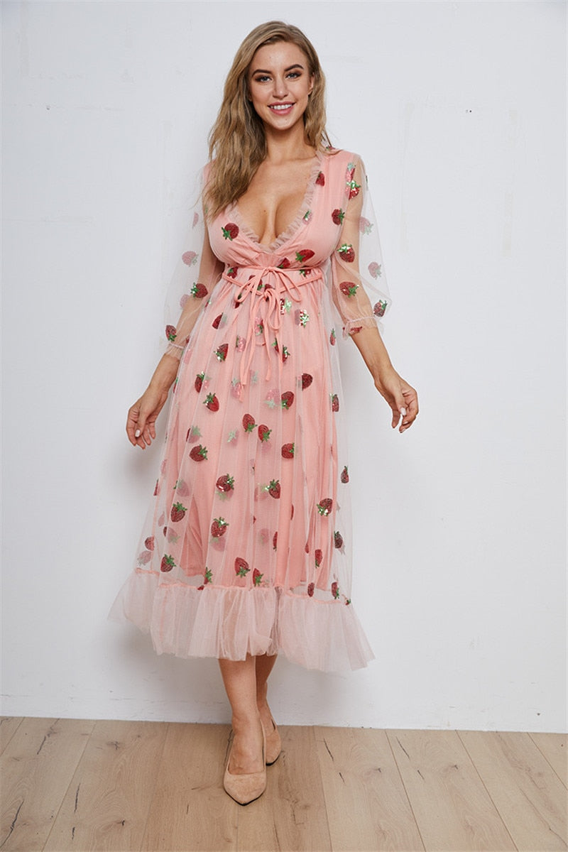 Strawberry Dress Women Fashion Deep V Puff Sleeve Sweet Voile Mesh Sequins Embroidery French Party Dresses 4XL 5XL