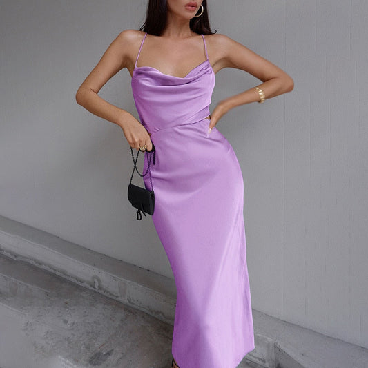 Sixsr Purple Satin Midi Dress Summer Women Sexy Backless Sleeveless Pile Collar Spaghetti Strap Bandage Dress Woman Party Long Dresses