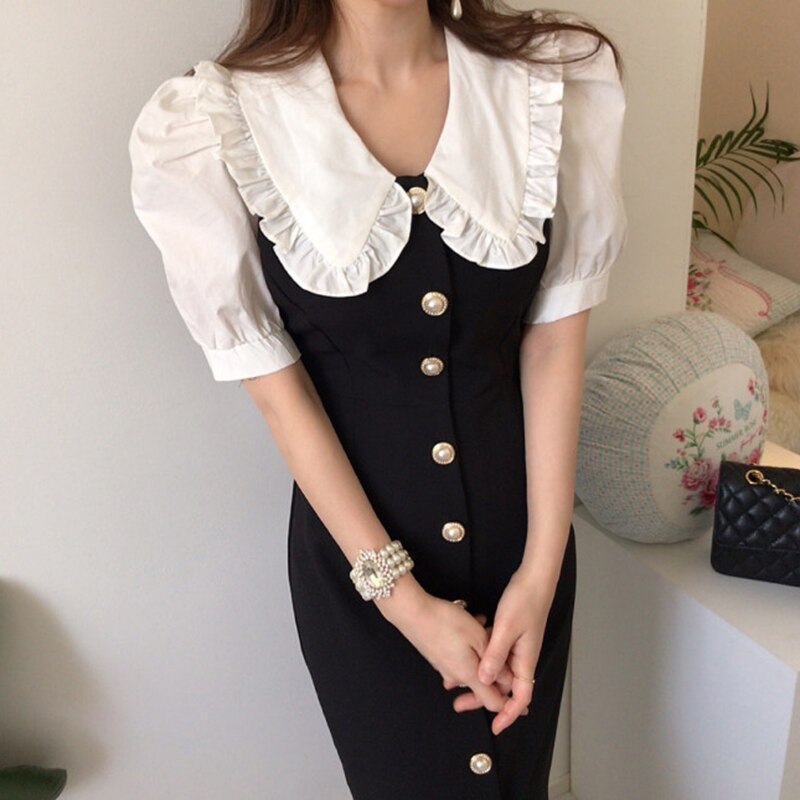 Sixsr  Summer Outfits Dress Women Fashion Peter Pan Collar Puff Sleeve Single Breasted Slim Long Vestidos Korean Chic Robe Elegant Female