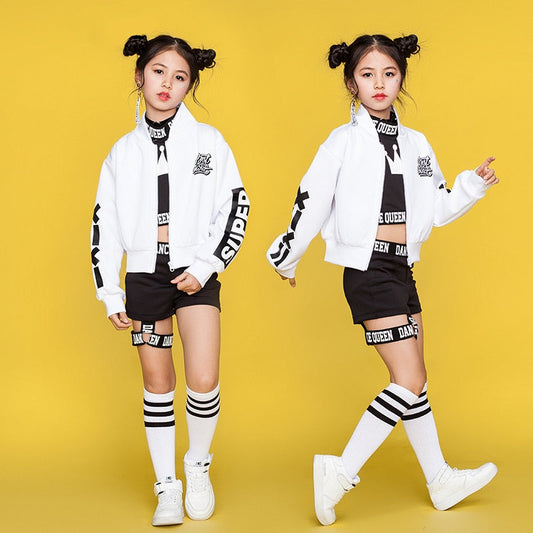 Sixsr Children Hip Hop Dance Costumes Kids Street Dance Clothing White Jacket Black Vest Shorts Girls Dancewear Stage Outfit