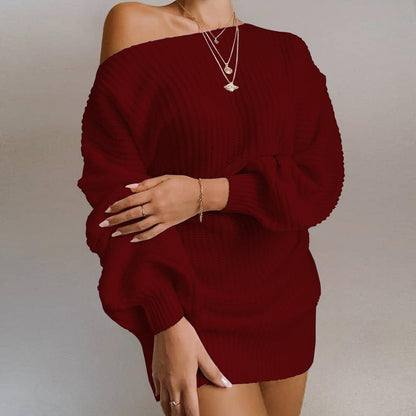 Sixsr The hottest ladies casual off-shoulder lantern sleeve knitted sweater dress