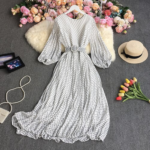 Sixsr New Spring Autumn French O-neck long sleeve Dress polka dot printing high waist lace up mid-length A-line pleated Dress