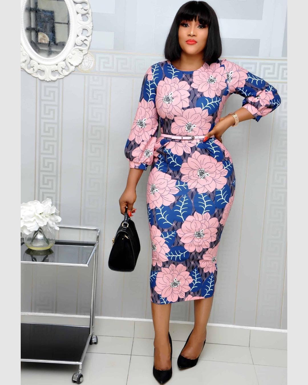Sixsr Women Bodycon Printed Dress Three Quarter Sleeves Midi Office Ladies Work Wear Elegant Classy Vestidos African Female Plus Size