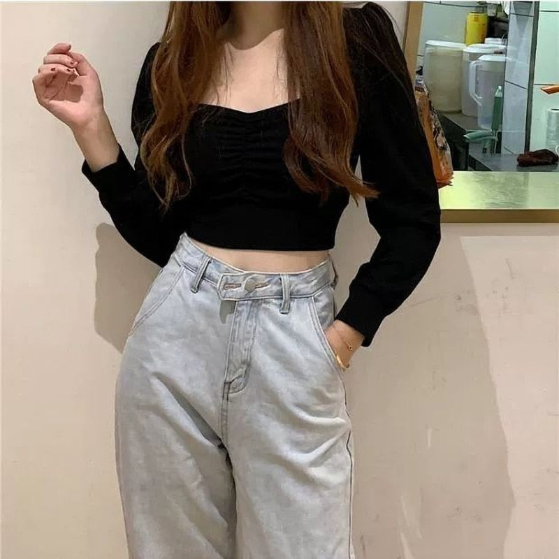 Korean Fashion Knitted Crop top T Shirt Streetwear Vintage Top Women Puff sleeve Basic Tshirt Skinny Sexy Clothes