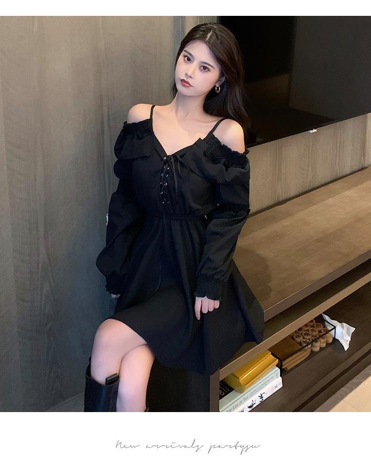 Sixsr Gothic Black Dress Women Casual Button Lace Evening Party Sexy Mini Dress Female Long Sleeve One-piece Dress Korean Autumn