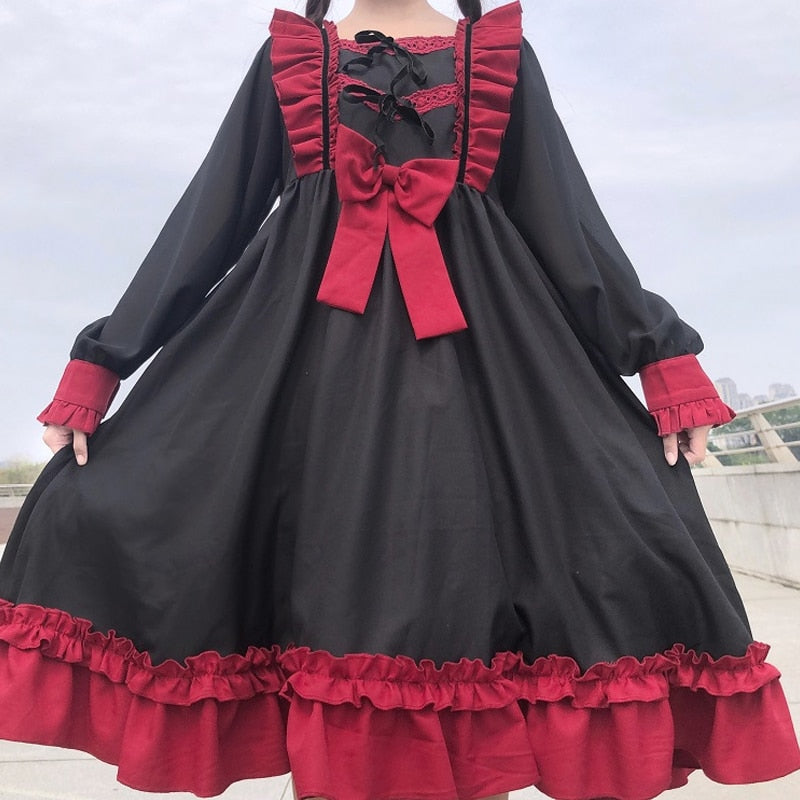 Sixsr Japanese Harajuku Gothic Bandage Bow Splice Dress Sweet Lolita Girl Cosplay Dress Kawaii Ruffles Bow Women Party Dress