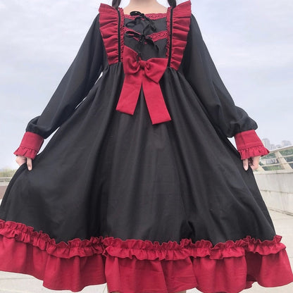 Sixsr Japanese Harajuku Gothic Bandage Bow Splice Dress Sweet Lolita Girl Cosplay Dress Kawaii Ruffles Bow Women Party Dress