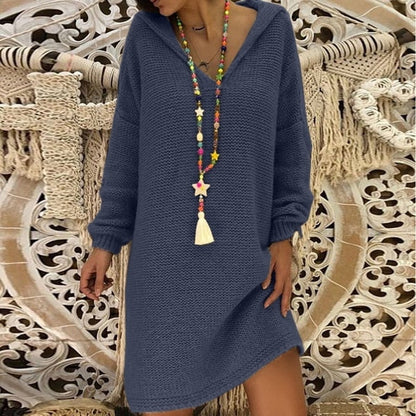 Sixsr Sweater Dress Women Hooded Collar Long Sleeve V-neck Pure Color Knitted Pullover Spring Autumn Oversize Sweaters Pullovers