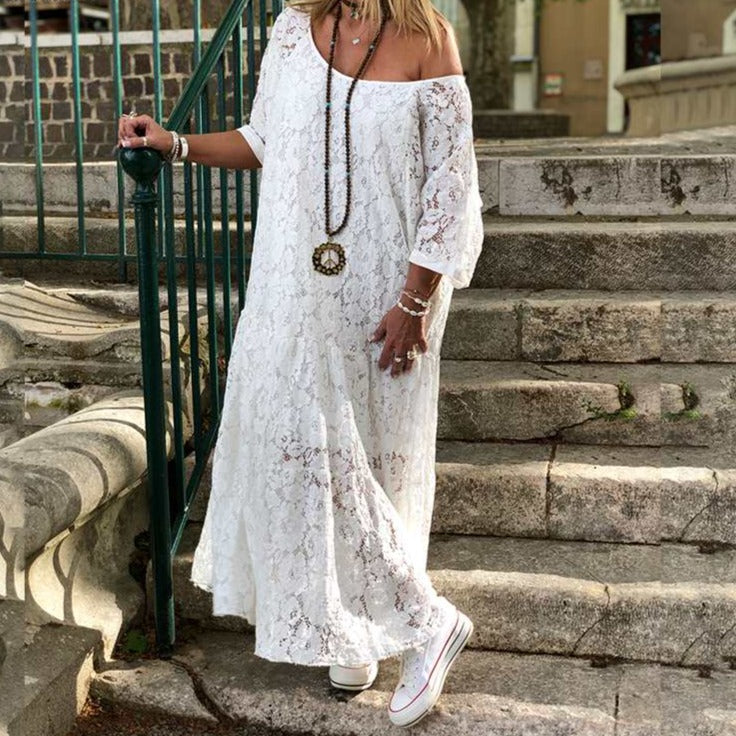 Women Lace Crochet Maxi Long Dress Summer 3/4 Sleeve Party Vestido Robe Femme Bohemian Sundress Casual Loose Autumn Dress