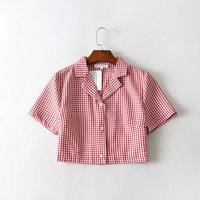 Summer blouse women vintage crop shirt streetwear plaid ladies tops elegant button up shirt korean crop top red