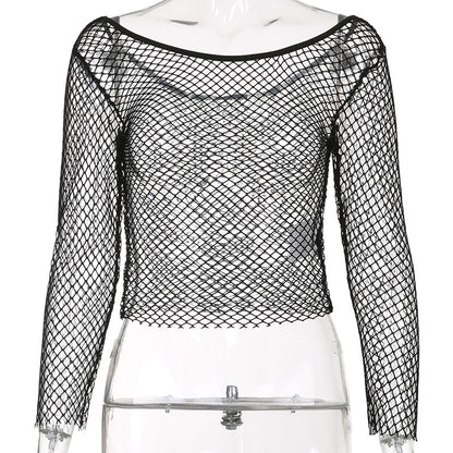 sixsr  Hot Sell Hollow Out See Through Sexy Slash Neck Fishnet Mesh T-Shirts Women Cute Club Outfits Off Shoulder Long Sleeve Crop Tees