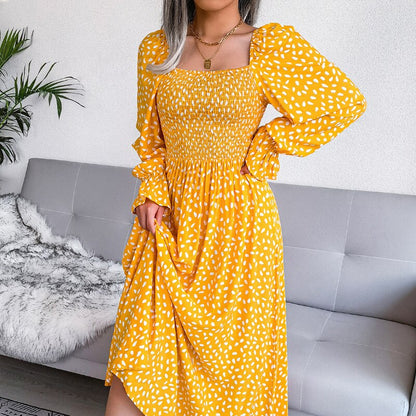 Sixsr Fashion New Print Square Collar Chiffon Dress Women Elegant Pleated Loose Dress Women Puff Sleeve Party Dresses for Women Robes 18123