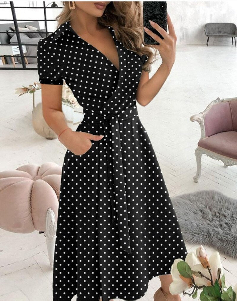 Sixsr Spring and Summer Fashion New Party Dress Short-sleeved V-neck Retro Dress with Printed Belt