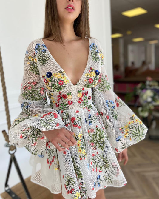 Sixsr Women's Dress Spring Mesh Floral Embroidery Sexy V-Neck Dresses Cute Lantern Sleeve Mini Dress