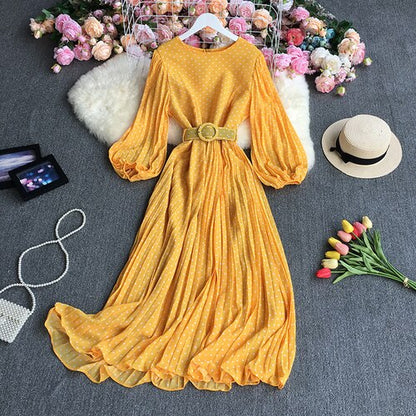 Sixsr New Spring Autumn French O-neck long sleeve Dress polka dot printing high waist lace up mid-length A-line pleated Dress