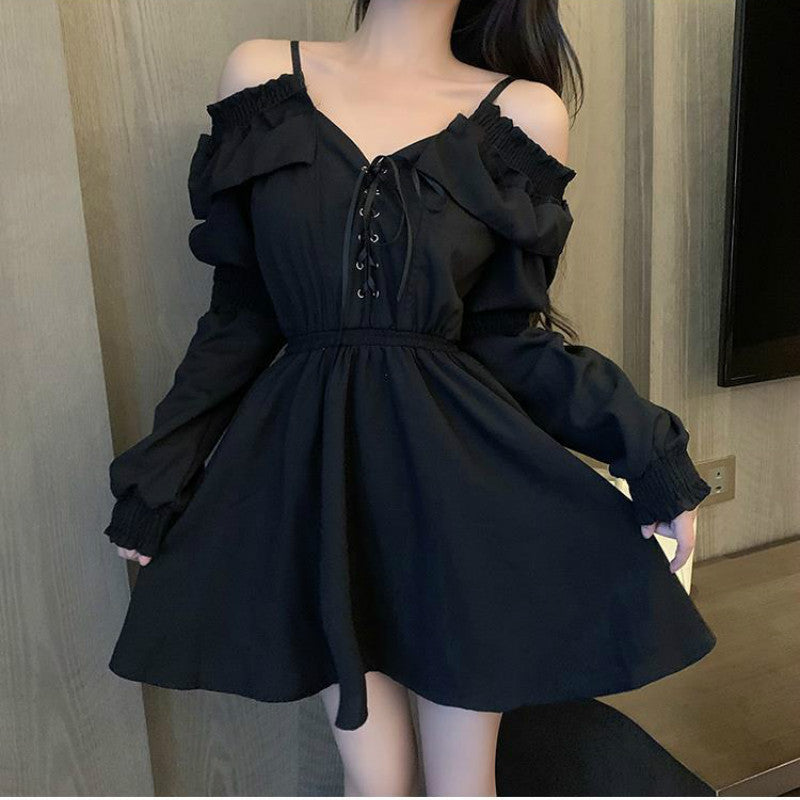 Sixsr Gothic Black Dress Women Casual Button Lace Evening Party Sexy Mini Dress Female Long Sleeve One-piece Dress Korean Autumn